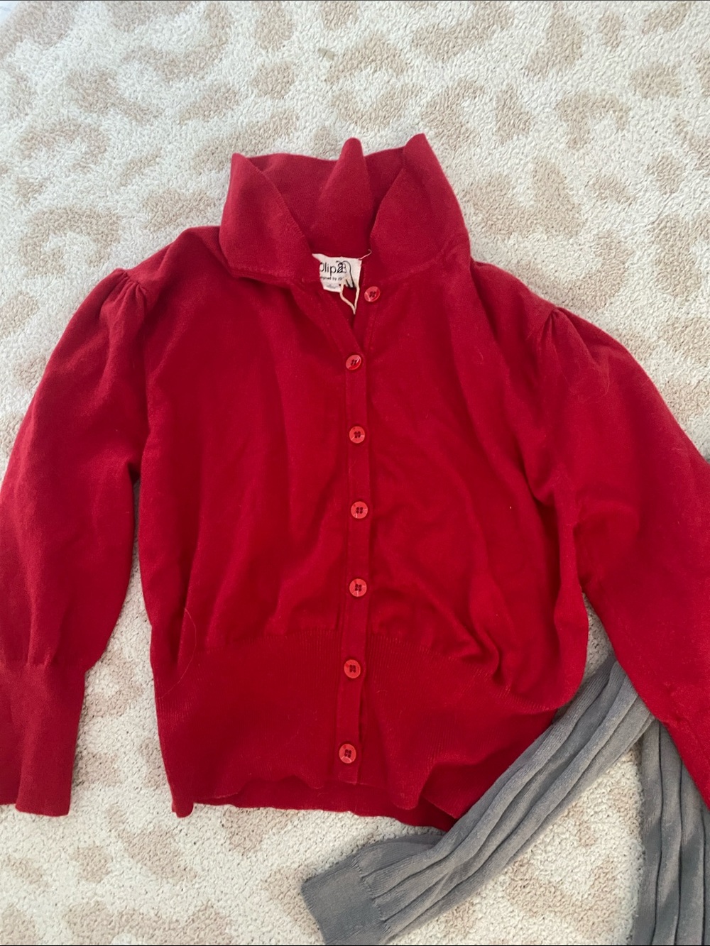 Red Button-Front Cardigan and Green/Gray Ribbed Pullover - Picture 2 of 3
